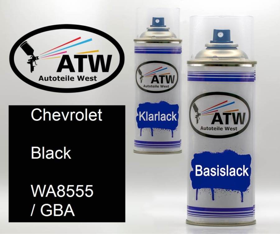 Chevrolet, Black, WA8555 / GBA: 400ml Sprühdose + 400ml Klarlack - Set, von ATW Autoteile West.